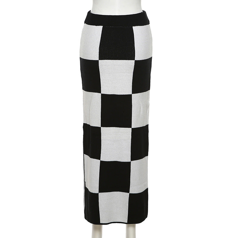 Fashion High Waist Figure Flattering Sheath Checkerboard Plaid Skirt For Women