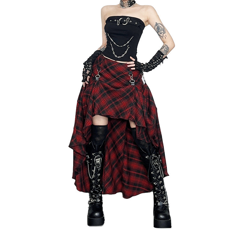 Dark-style Red Plaid Irregular Adjustable Multi-wear Skirt