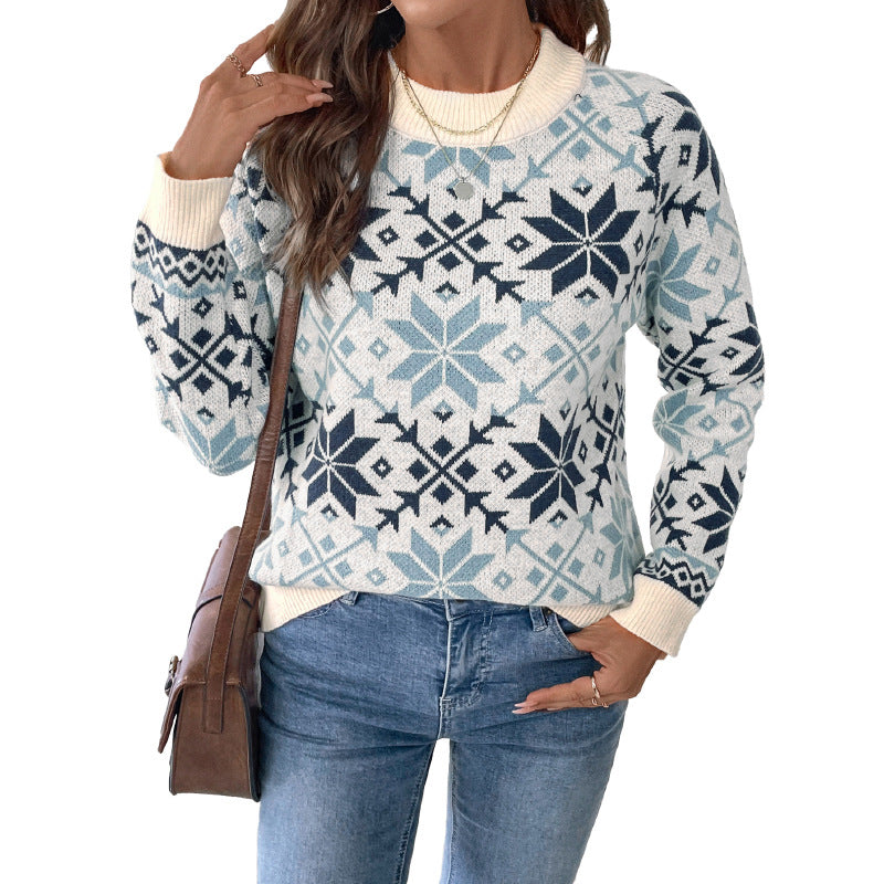 Retro Nordisk Stil Langærmet Rundhalset Sweater med Snefnug og Geometrisk Mønster