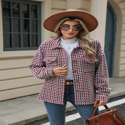 Lapel Plaid Multi-button Long Sleeve Loose Woolen Coat
