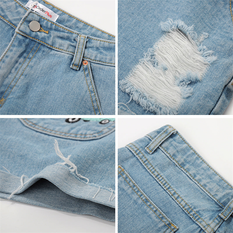 Afslappet Temperament Denim Råkant Høj Talje Vasket Denim Shorts