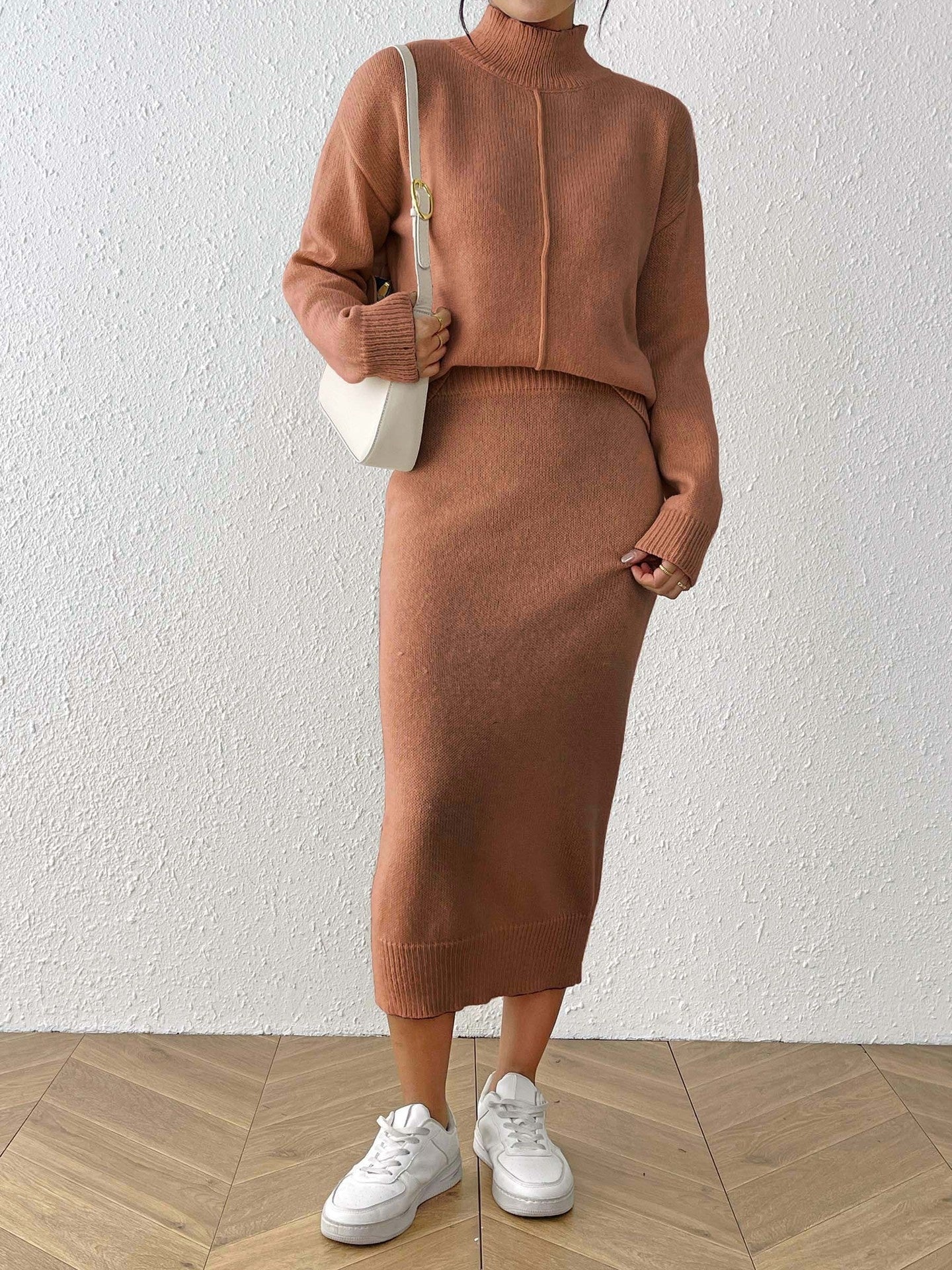 Women's Semi-high Neck Pullover Sweater And Bodycon Skirt Two-piece Set