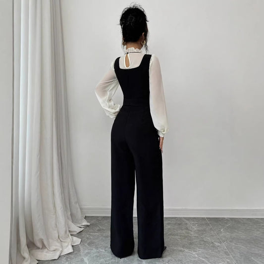 Womens Elegant Color Block Shirt Jumpsuit Set