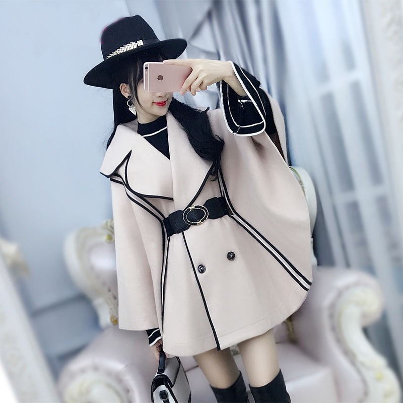 Beige Black Side Bat-shaped Cloak Cloak Top Woolen Coat Female Autumn Bat Sleeves