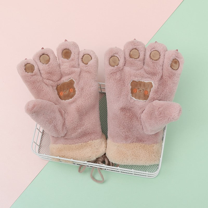 Cute Cartoon Bear Claw Plush Gloves Female Winter Warm Fleece-lined Thickened Hand-shaped Brush Road Bike Skiing
