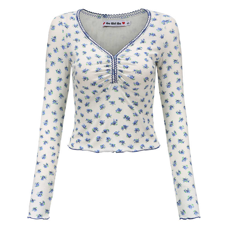 Pleated V-neck Floral Long-sleeved T-shirt Slim-fit Crop-top