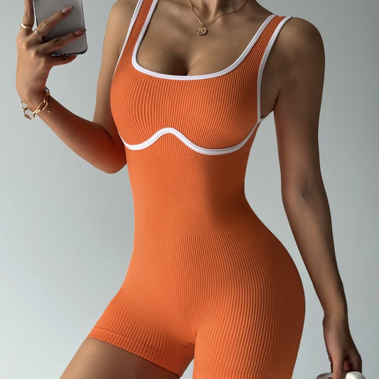 Elastic Contrast Color Yoga Jumpsuit Tight