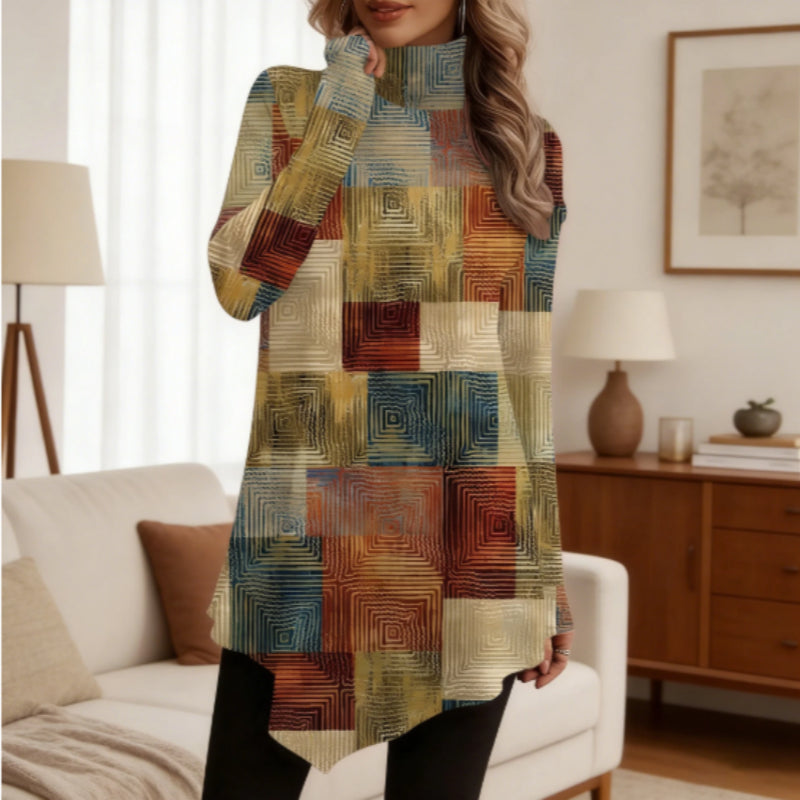 Multicolor Geometric Patch Turtleneck Loose Long-Sleeve Top