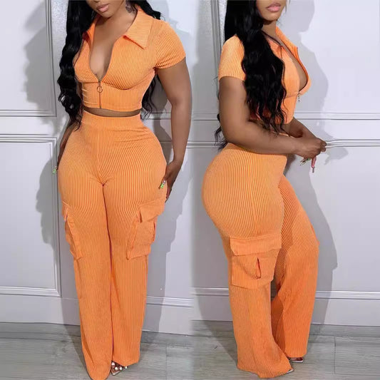 Zip-up Top With Multiple Pockets And Long Pants Casual Solid-color Two-piece Set