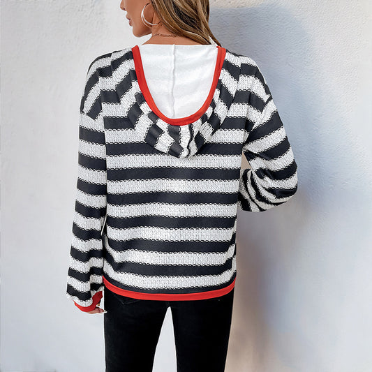 Dame Sort og Hvid Stribet Sweater Pullover