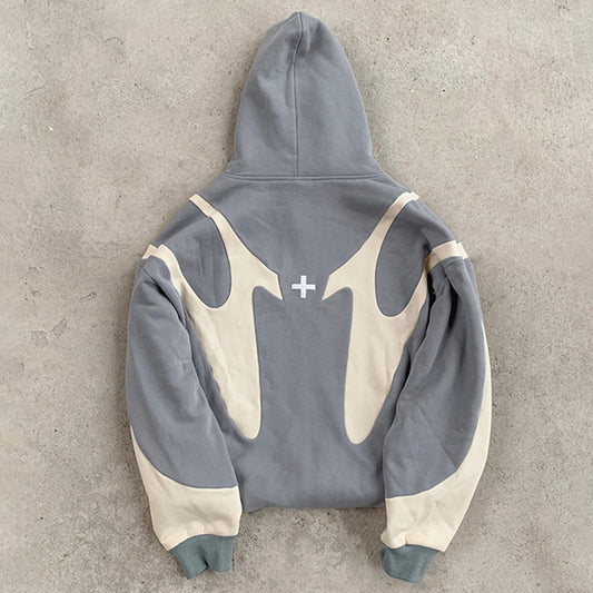 Pattern Stitching Trendy Hooded Cardigan Zipper Sweater