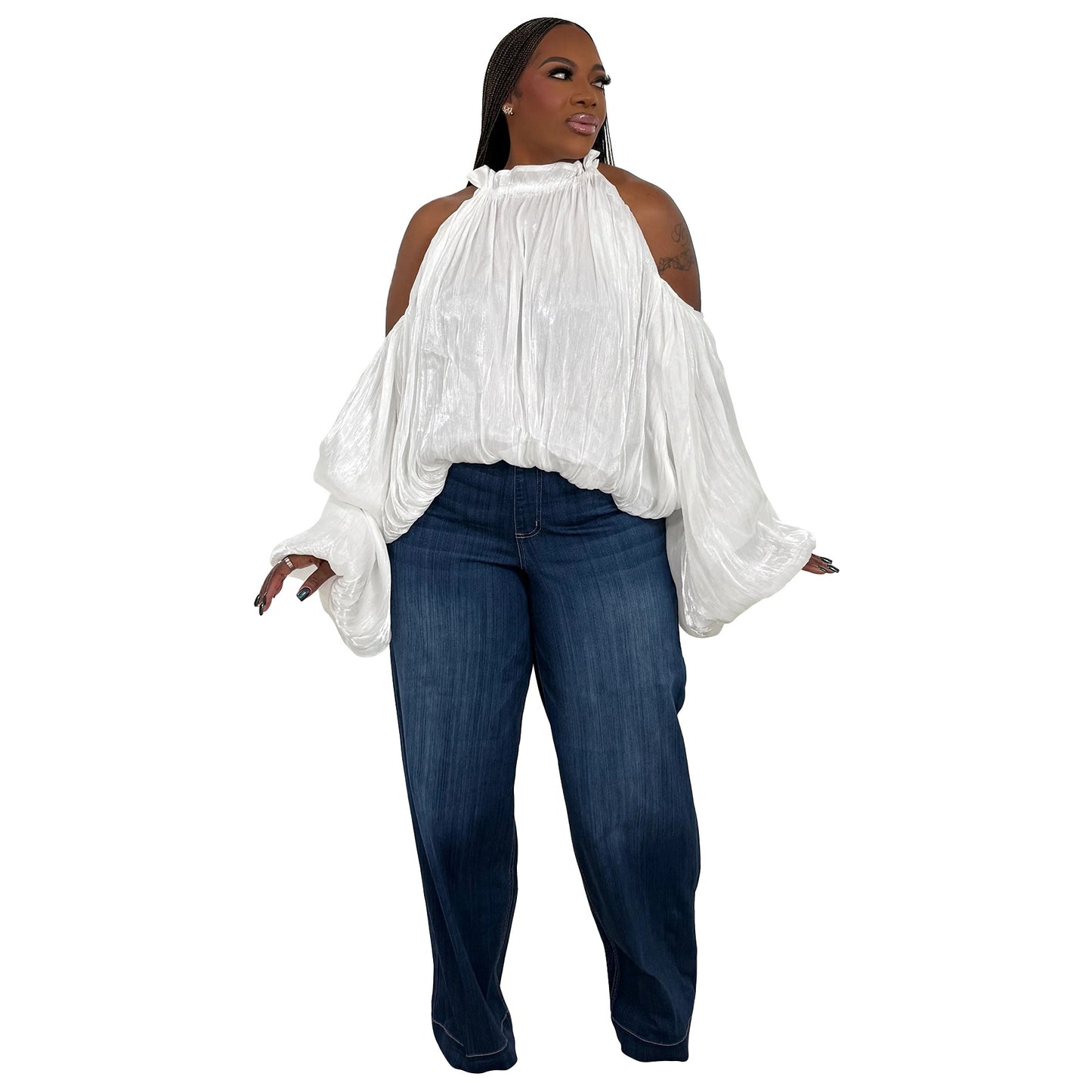 Design-forward Womens Top With An Off-the-shoulder Cut And Puffed Organza Sleeves