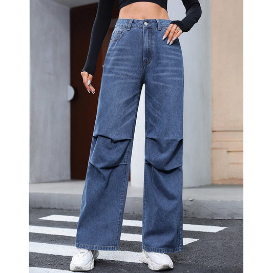 Damebukser i lige, løs pasform med høj talje i denim