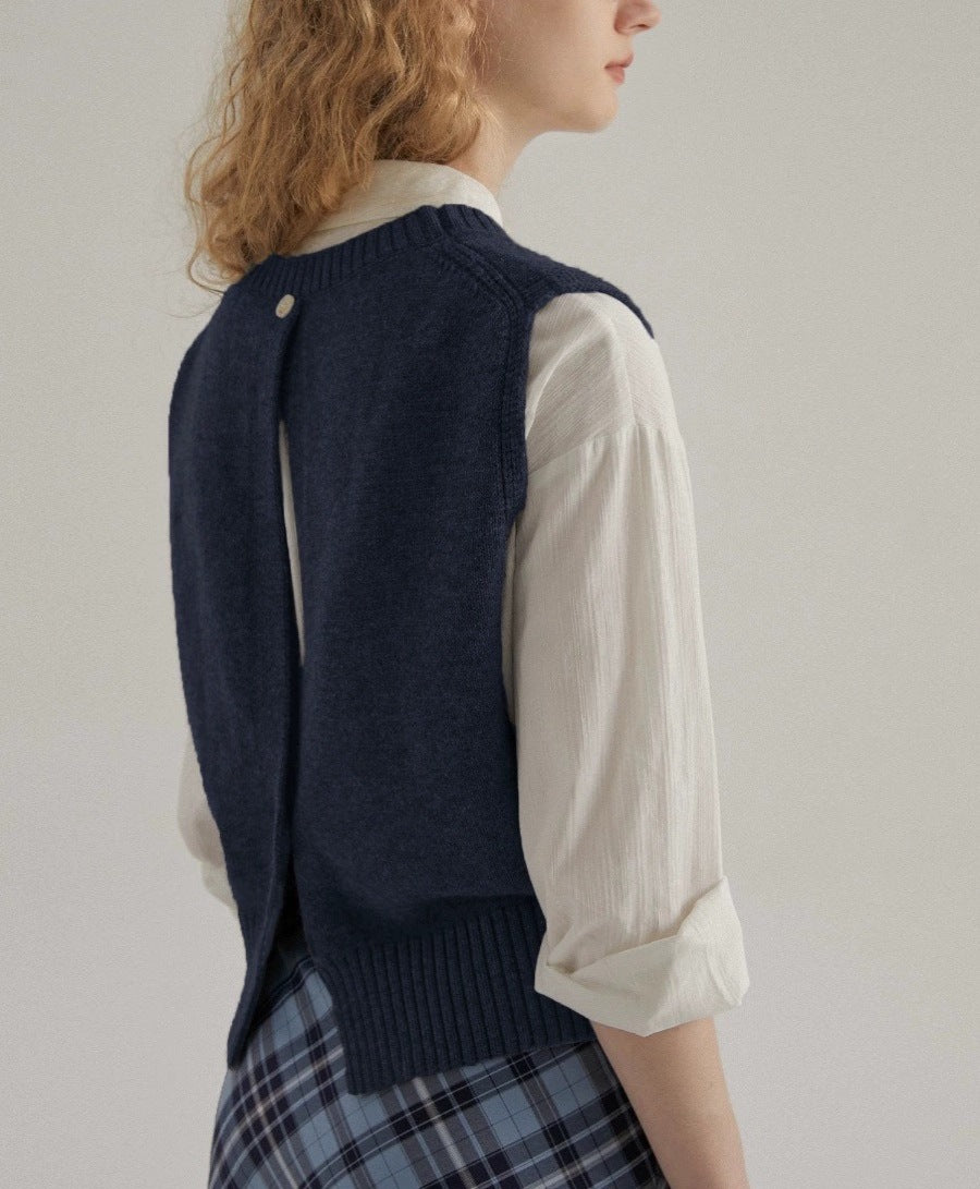French Retro Gray Round-collar Twist Knitted Vest