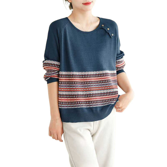 Striped Jacquard Cotton Knitted Sweater For Women