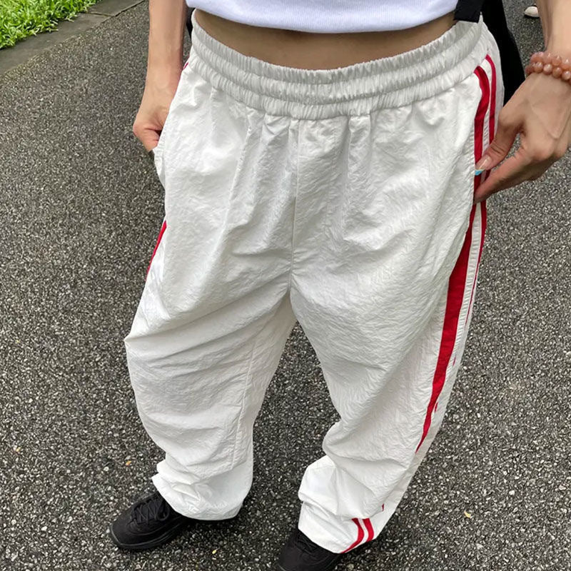 Casual Straight Pants Women's Summer Thin High Waist Striped Stitching Style Wide Leg Loose Track Pants