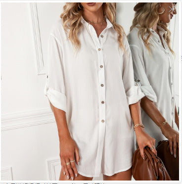 European And American Leisure Loose Single-breasted Shirt Dress Top For Women
