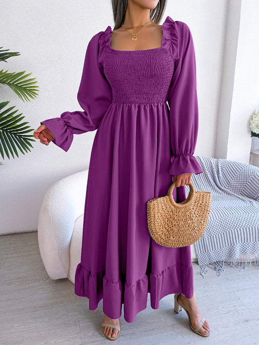 Women's Casual Square Neck Bell Sleeve Flowy Ruffle Maxi Dress