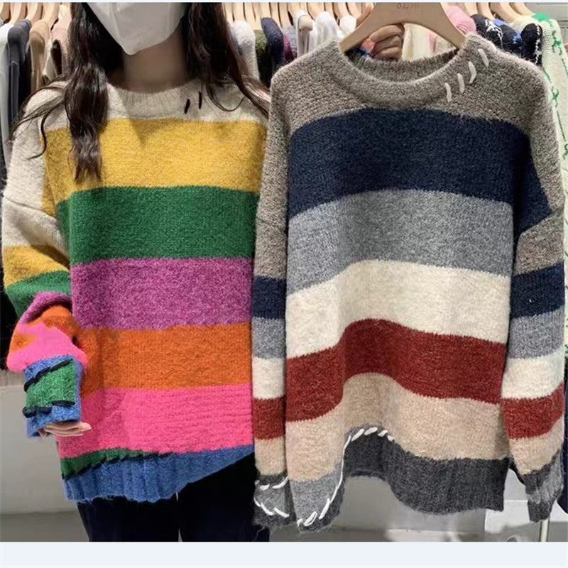 Rainbow Strip Loose Pullover Female