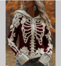 American Retro 3D Printed Hooded Cozy Loose Casual Womens Chunky-Knit Sweater