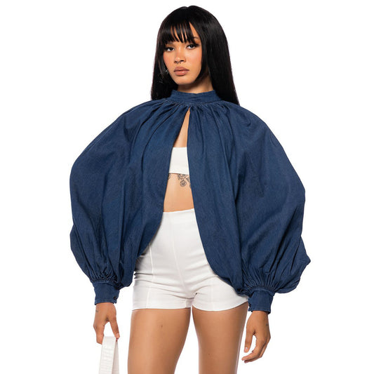 Fashion Denim Button Bat Sleeve Backless Cardigan Top