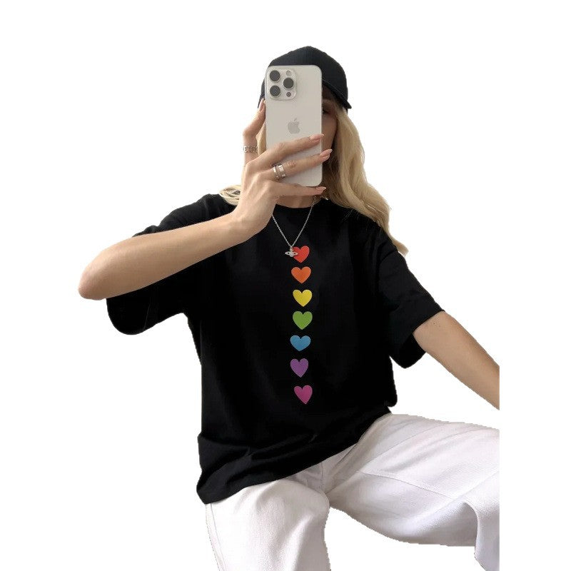 Colorful Dopamine Style Heart Print Short-Sleeve T Shirt With A Designer Touch