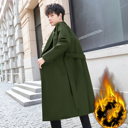 Mænds mellemlange tykke uldfrakke i koreansk stil - Trenchcoat