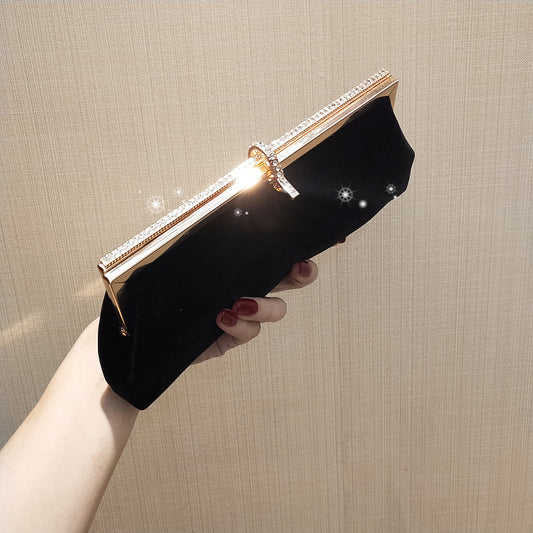Black Clutch Bag With Diamond Velvet One Shoulder Diagonal