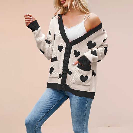 Heart Peach Knitted Cardigan Pocket V-neck Common Style Coat