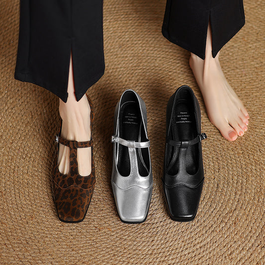 High Heel Vintage Leopard Print Square Toe Sheepskin Chunky Heel Pumps