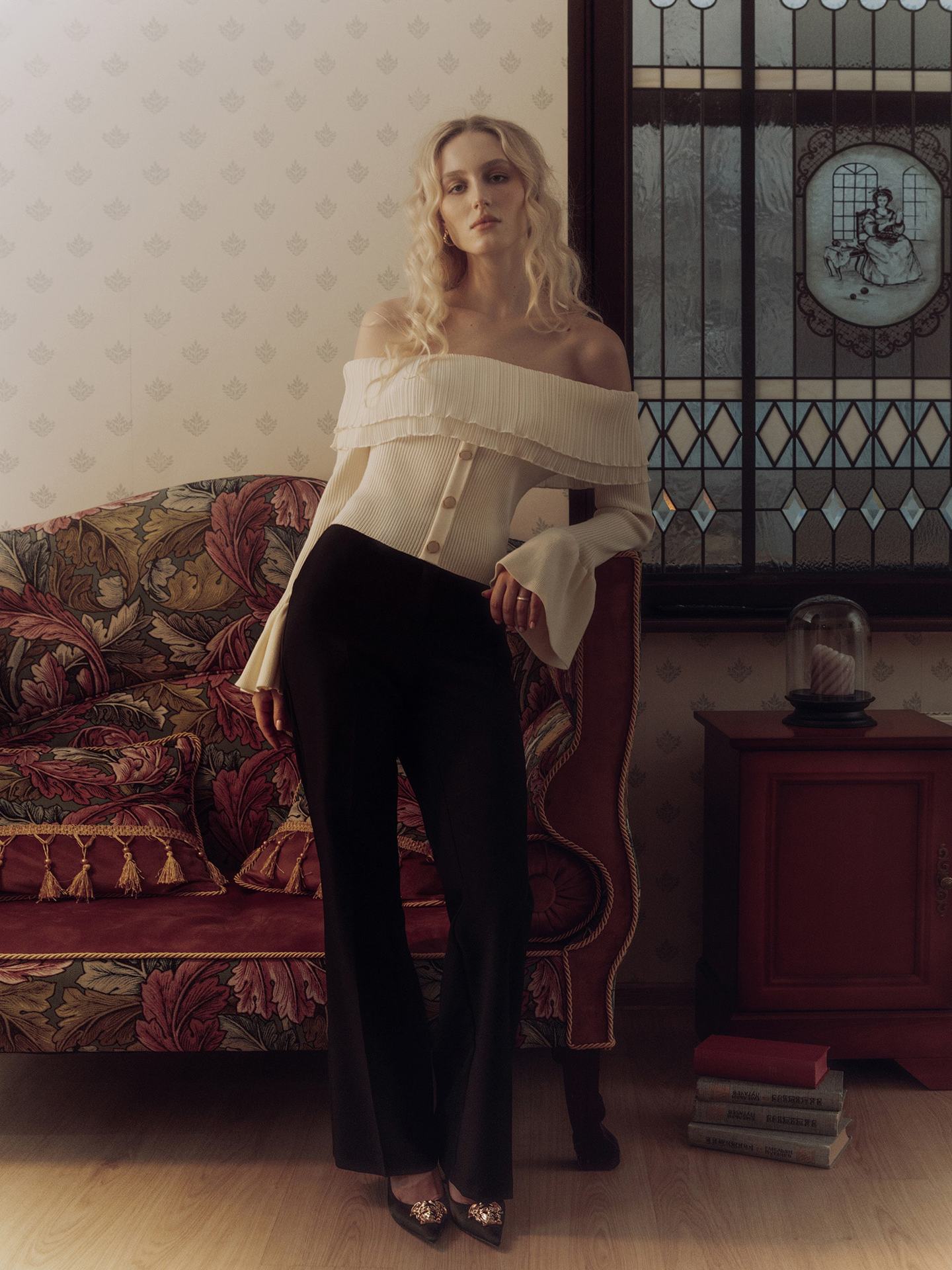 Off-shoulder Collar Long Sleeve Clinch Splicing Knitwear