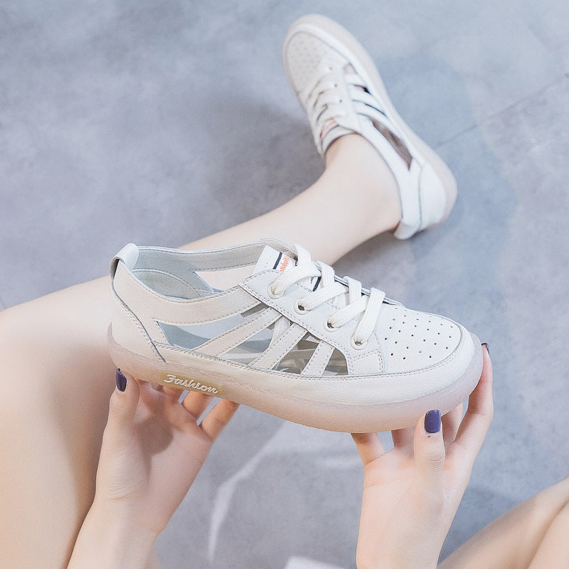 Women's Large Size Leather Toe Hollow White Shoes