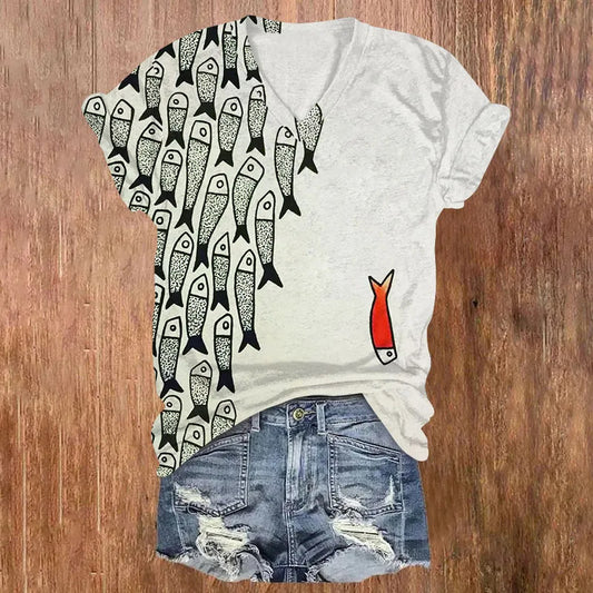 Womens Printed V-Neck Short-Sleeve Top