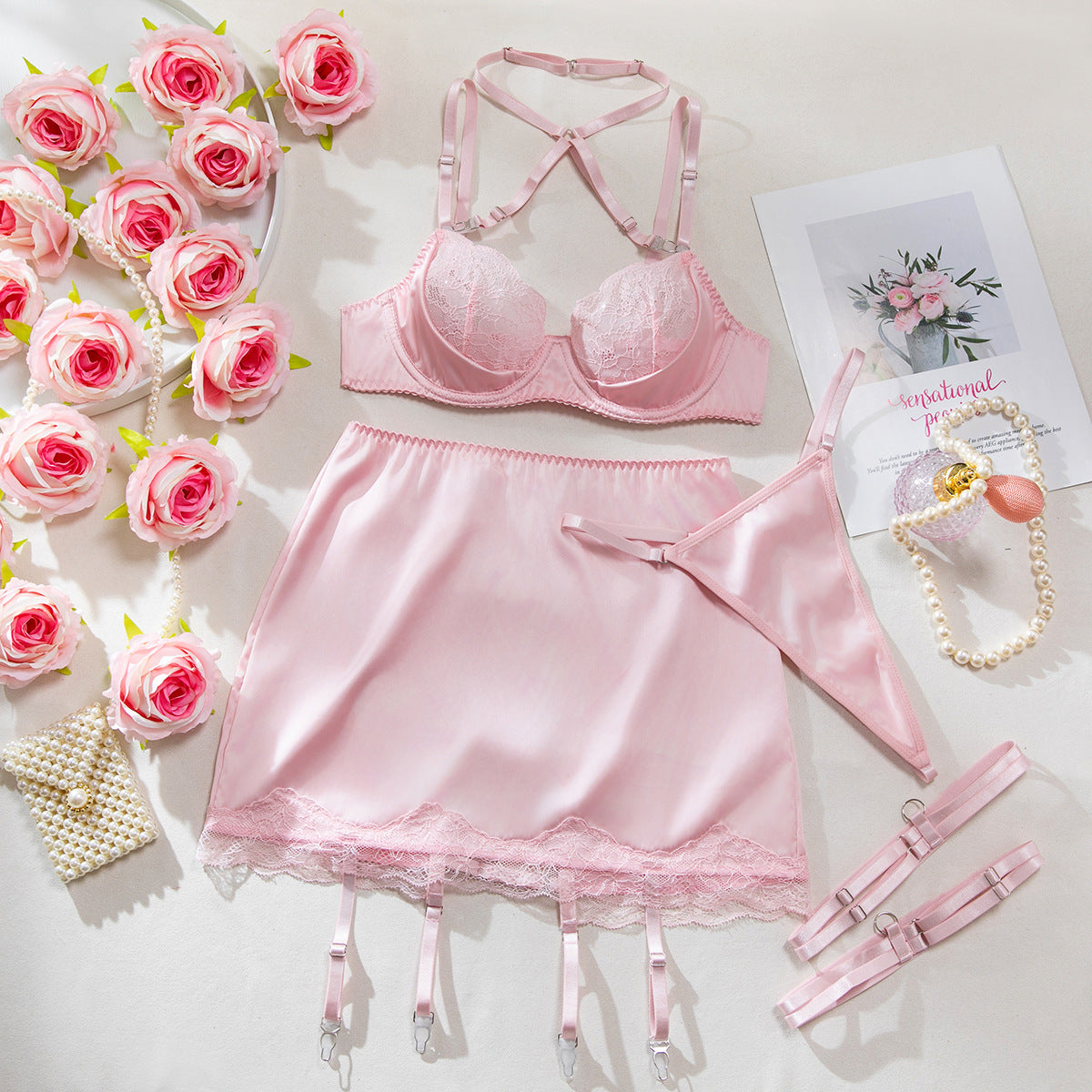 Satin Lace Bra Set With A Crisscross Halter Neck