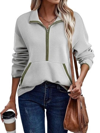 Women's Half-Zip Pullover Hoodie Lapel Pocket Jacket