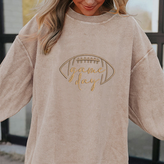Smoke Gray Twisted Rib Texture Game Day Rugby Embroidered Baggy Sweatshirt