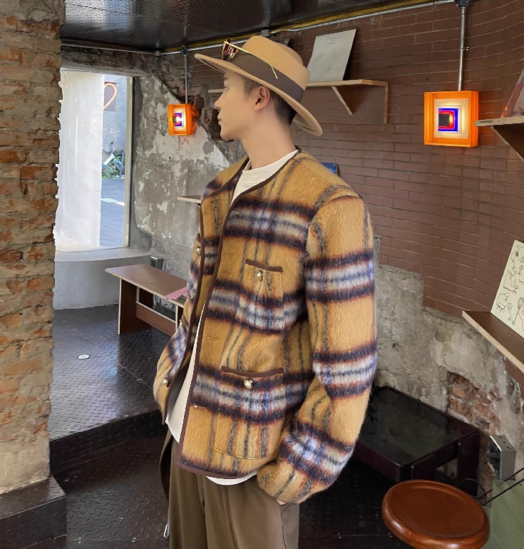 Mohair Plaid Vintage Long Woolen Collarless Jacket