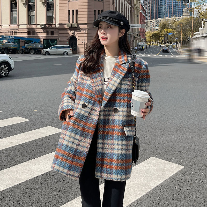 Women's New High-end Woolen Coat Thickened Plaid