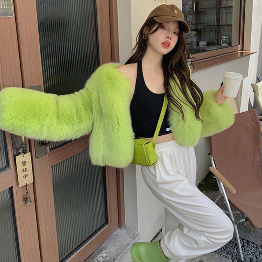 Fried Street Fluorescent Green Environmental Protection Fox Fur Jacket