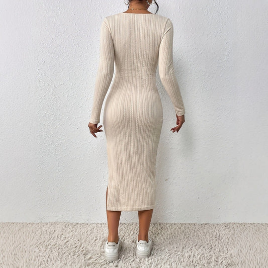 Threaded New Style Square Neckline Defined Waist Slit Long Sleeve Dress For Women