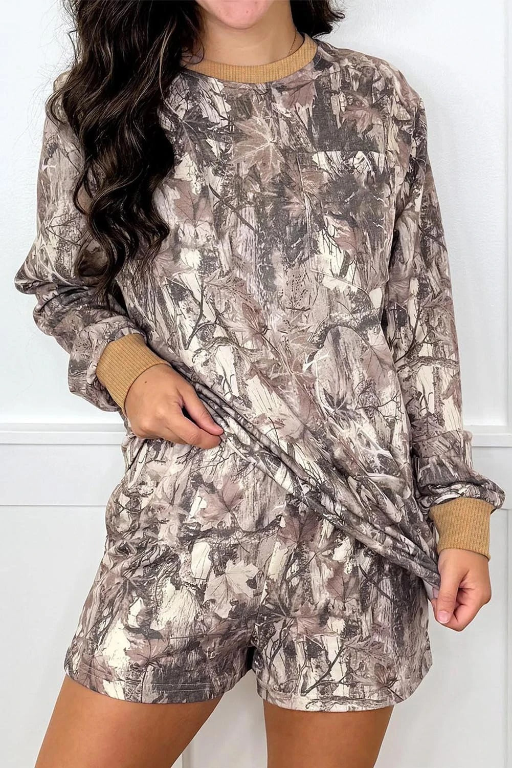 Women's Fashion Print Long Sleeve Hoodie And Shorts Casual Set