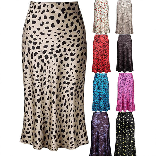 Højtaljet havfrue-formet satin-skørt med leopardprint