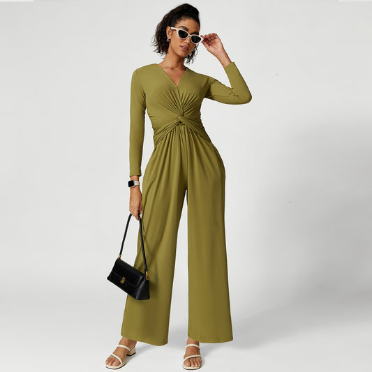 V-neck Pleated Design Sense High Slit Yoga Dress Women