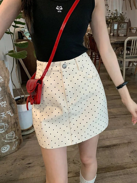 Polka-dot Denim Skirt For Women