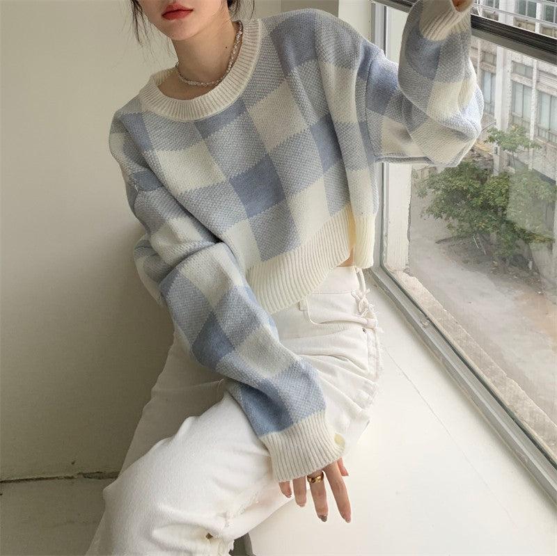 Women's Contrast Color Plaid Sweater Short Slim
