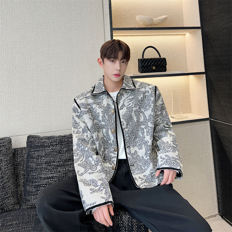 Design Relief Texture Jacquard Lapel Short Jacket Men