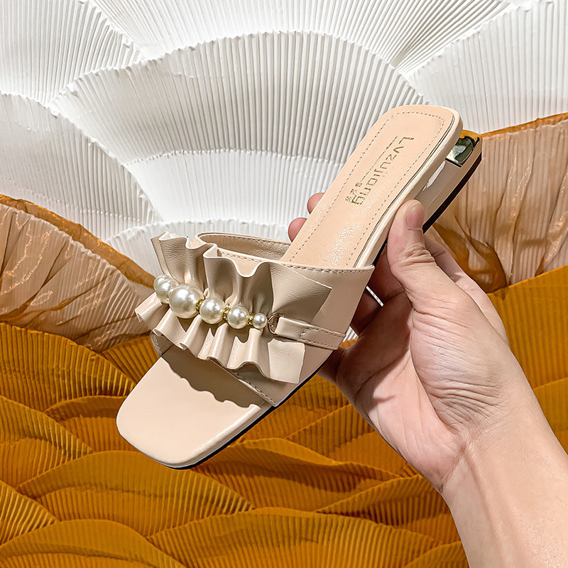 Summer New Pearl Low Heel Sandals And Slippers
