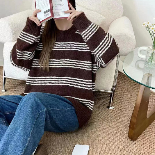 Outer Wear Inner Wear Idle Style Round Neck Long Sleeve Top Stripes