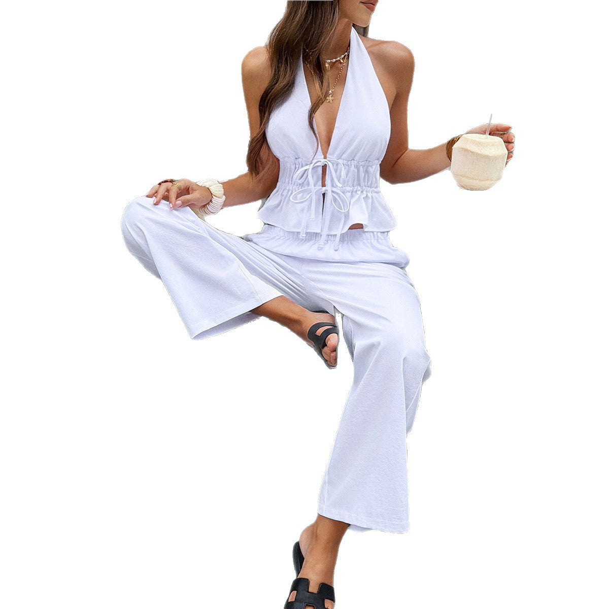 Womens Halterneck Backless Wide-Leg Jumpsuit With Ties