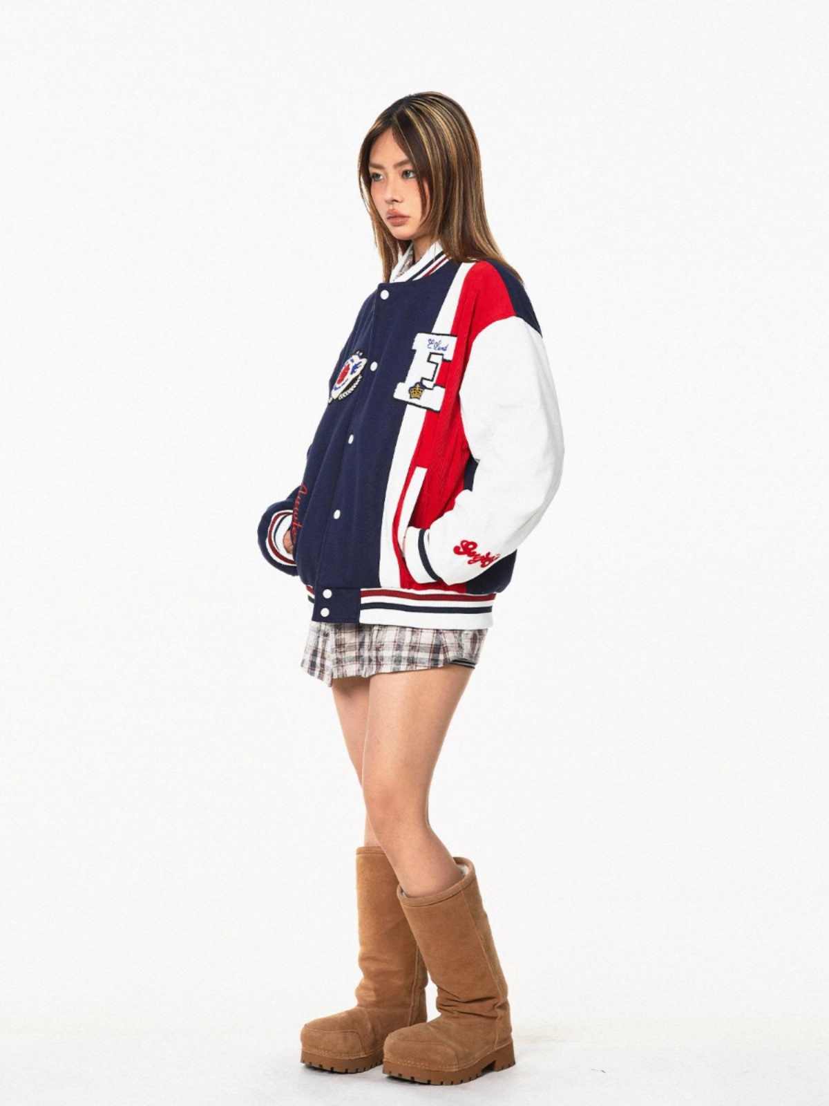 BLACKBBAmerican Color Contrast Patchwork Retro Baseball Uniform Jacket Coat